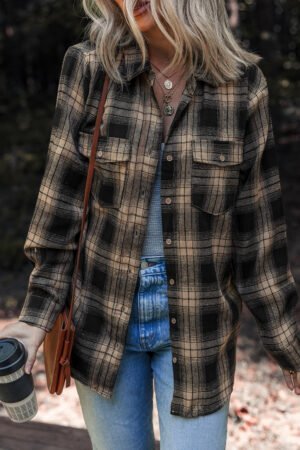 Multicolour Retro Plaid Double Flap Pocket Brushed Shacket - Image 8