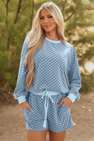 Sky Blue Checkerboard Long Sleeve Pullover and Shorts Set - Image 9