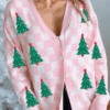 Pink Checkered Christmas Tree Pattern Button V Neck Cardigan Sweater