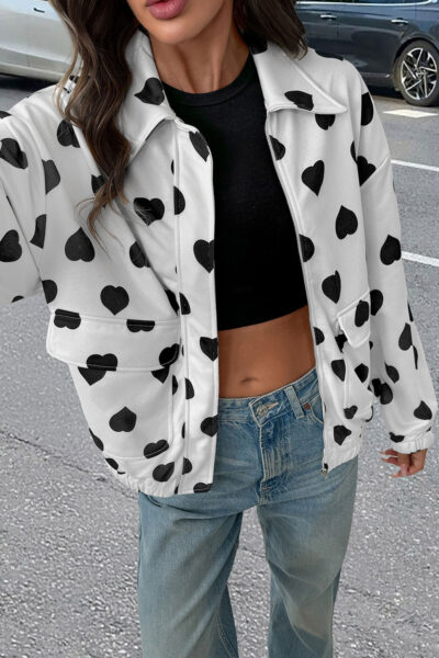 White Double Flap Pocket Heart Print Collar Zip Jacket