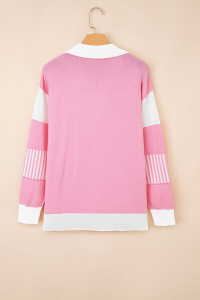 Pink Contrasting Polo Collar Color Block Knit Drop Shoulder Sweater