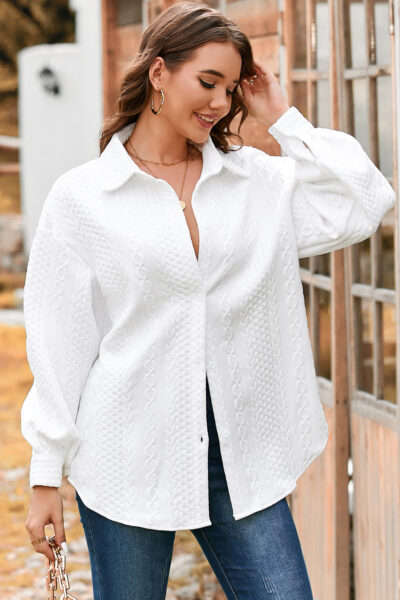 White Cable Texture Puff Sleeve Loose Shacket