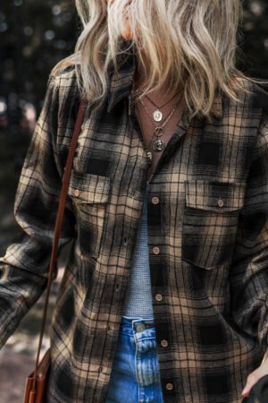 Multicolour Retro Plaid Double Flap Pocket Brushed Shacket - Image 6