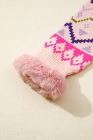 Multicolour Ethnic Christmas Pattern Knit Feather Cuffed Sweater - Image 7
