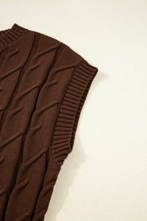 Dark Brown Cable Texture Crew Neck Short Sleeve Sweater Top - Image 8