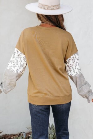 Camel Floral Striped Patchwork Ruffled Sleeve Crew Neck Sweatshirt - Image 2