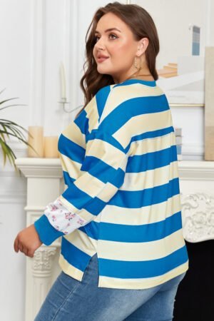 Alternative view of Blue Stripe Floral Color Block Drop Shoulder Plus Size Pullover Top