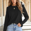 Black Solid Exposed Seam Crew Neck Long Sleeve Top