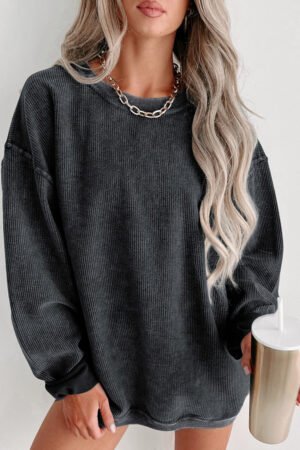 Black Solid Ribbed Knit Round Neck Pullover Sweatshirt - Image 2