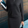 Black Ribbed Zip Stand Neck Drop Shoulder Pullover Bodycon Skirt 2pcs Set