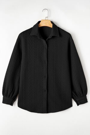 Black Cable Texture Puff Sleeve Loose Shacket - Image 6