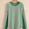 Green Stripe Thermal Knit Drop Shoulder Casual Top