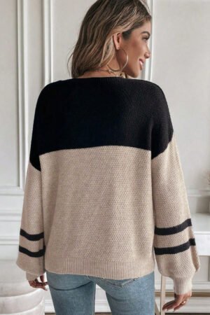 Parchment Color Block Knit Striped Sleeve Detail Casual Sweater - Image 2