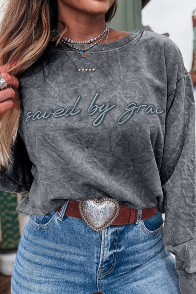 High-rise saved by grace Letter Embroidery Mineral Wash Loose Sweatshirt