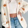 White Pumpkin Print Open Front Drop Shoulder Midi Cardigan