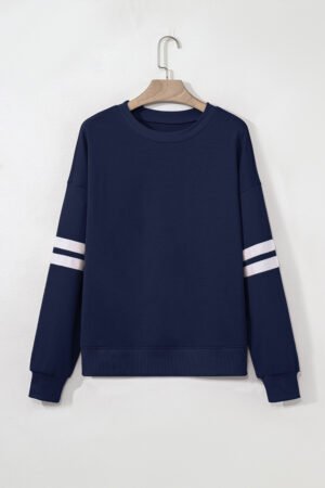 Navy Blue Varsity Striped Detail Drop Shoulder Oversized Sweatshirt - Image 9