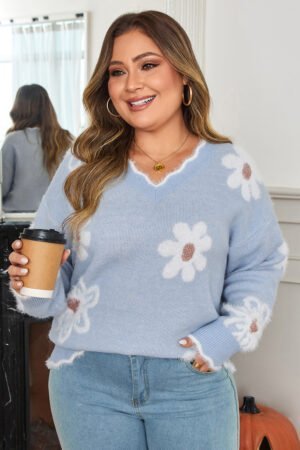 Gray Fuzzy Flower Scalloped V Neck Plus Sweater - Image 3