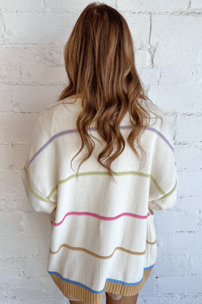 White Color Block Striped Open Front Cardigan With Pocket