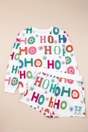 White Plus Size Christmas Ho Ho Ho Print Long Sleeve Top and Shorts 2pc Lounge Set - Image 6