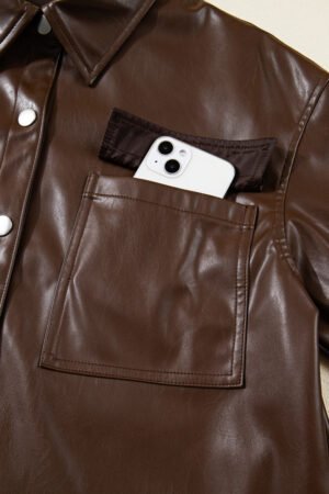 Chicory Coffee Double Flap Pocket Drawstring Hem Leather Jacket - Image 9