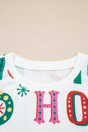 White Plus Size Christmas Ho Ho Ho Print Long Sleeve Top and Shorts 2pc Lounge Set - Image 7
