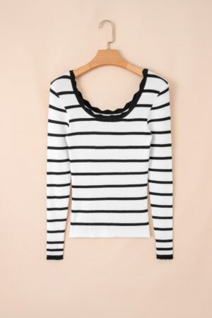 Black white Scalloped Trim U Neck Striped Ribbed Slim Sweater - Image 3