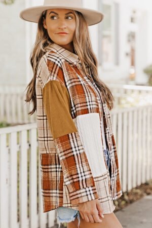 Orange Plaid Color Block Patchwork Shirt Jacket with Pocket - Image 3