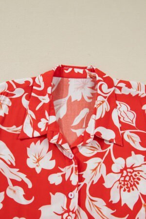 Red Plus Size Floral Print Loose Button Up Shirt - Image 6