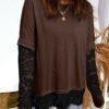 Dark Brown Sheer Lace Patchwork Casual Long Sleeve Tee