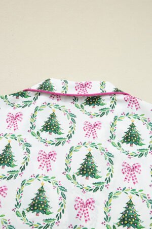 Green Christmas Fashion Print Velvet Trim Bow Knot Pajama 2pcs Short Set - Image 6