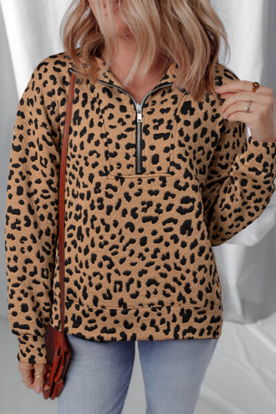Brown Leopard Print Quarter Zip Sweatshirt