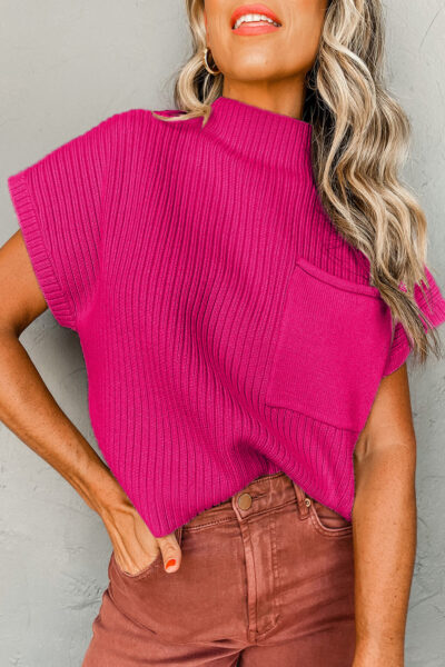Rose Red Patch Pocket Ribbed Knit Short Sleeve Sweater