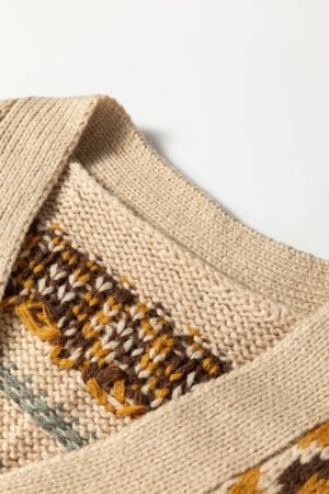 Khaki Western Pattern Knitted Button V Neck Cardigan Sweater - Image 6