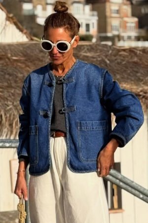Sail Blue Vintage Fastening Big Patched Pockets Straight Cut Deep Wash Denim Jacket - Image 2