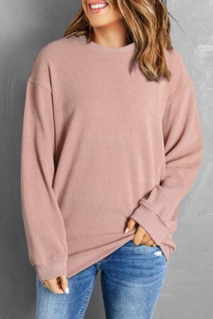 Pink Solid Ribbed Knit Round Neck Pullover Sweatshirt - Image 4