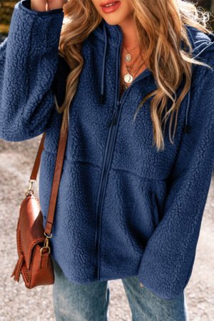 Navy Blue Fleece Zip Up Drawstring Hooded Pocketed Jacket - Image 3