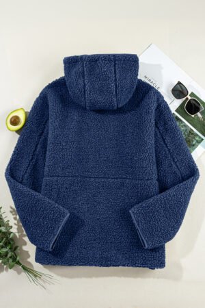 Navy Blue Fleece Zip Up Drawstring Hooded Pocketed Jacket - Image 5