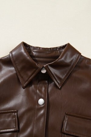 Chicory Coffee Double Flap Pocket Drawstring Hem Leather Jacket - Image 8