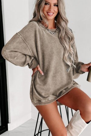 Khaki Solid Ribbed Knit Round Neck Pullover Sweatshirt - Image 3