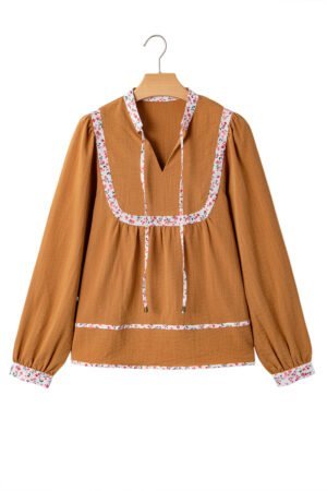 Straw Yellow Split Neck Pleated Floral Trim Long Puff Sleeve Blouse - Image 18