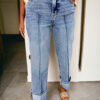 Myosotis Center Seam Cuffed Hem Straight High Waist Jeans