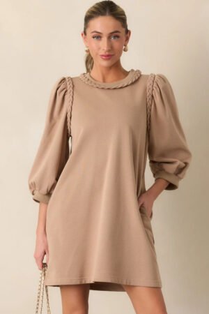Alternative view of Light French Beige Braided Trim Puff Sleeve Dress