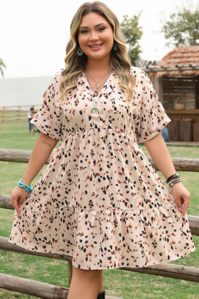 Beige Printed Surplice V Neck Cuffed Sleeve Empire Waist Plus Size Dress