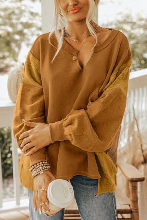 Multicolor Oversized Mixed Textured Split Neck High Low Patchwork Sweatshirt
