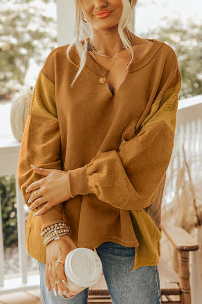 Multicolor Oversized Mixed Textured Split Neck High Low Patchwork Sweatshirt