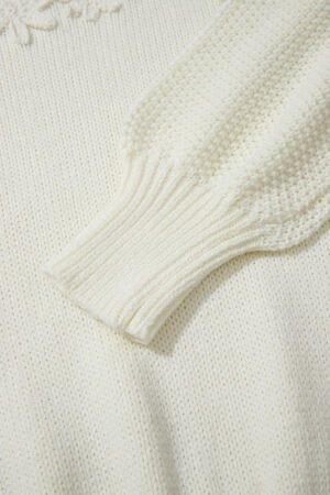 White Flower Detail Round Neck Contrast Textured Puff Sleeve Sweater - Image 6