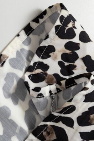 Multicolour Button Striped Collar Leopard Print Long Sleeve Flared Dress - Image 5