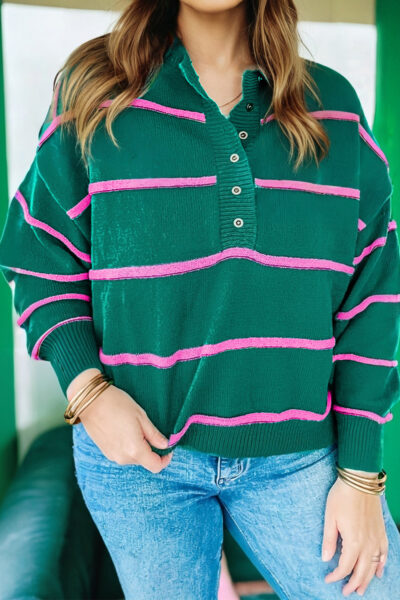 Green Stripe Half Buttons Drop Shoulder Plus Size Sweater