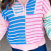 Sky Blue Stripe Colorblock Patchwork Plus Size Half Zip Sweater