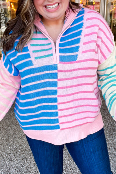 Sky Blue Stripe Colorblock Patchwork Plus Size Half Zip Sweater